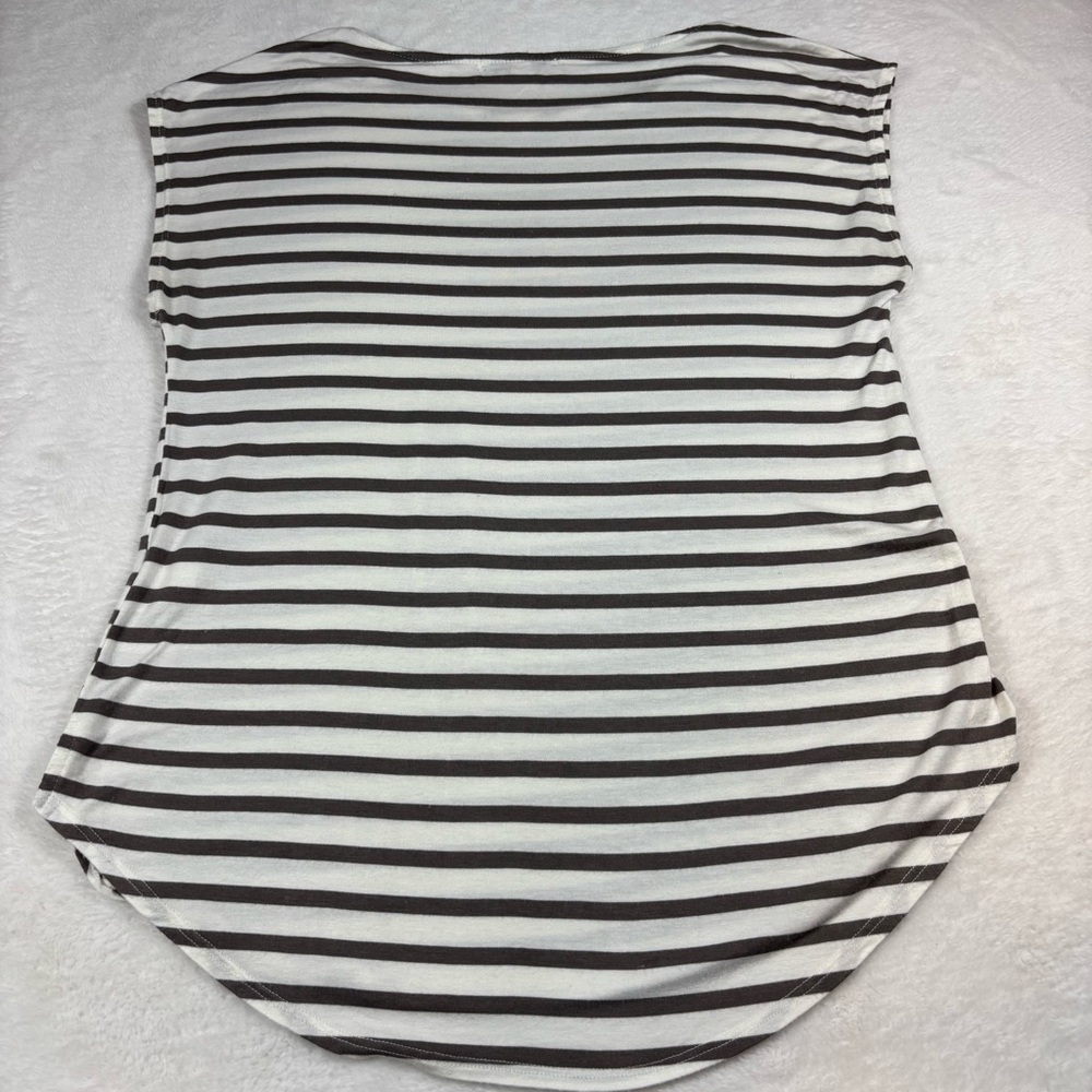 GREEN ENVELOPE Timeless Classic Top Brown Stripe Shirt Cap Sleeve USA Minimalism - Picture 6 of 11